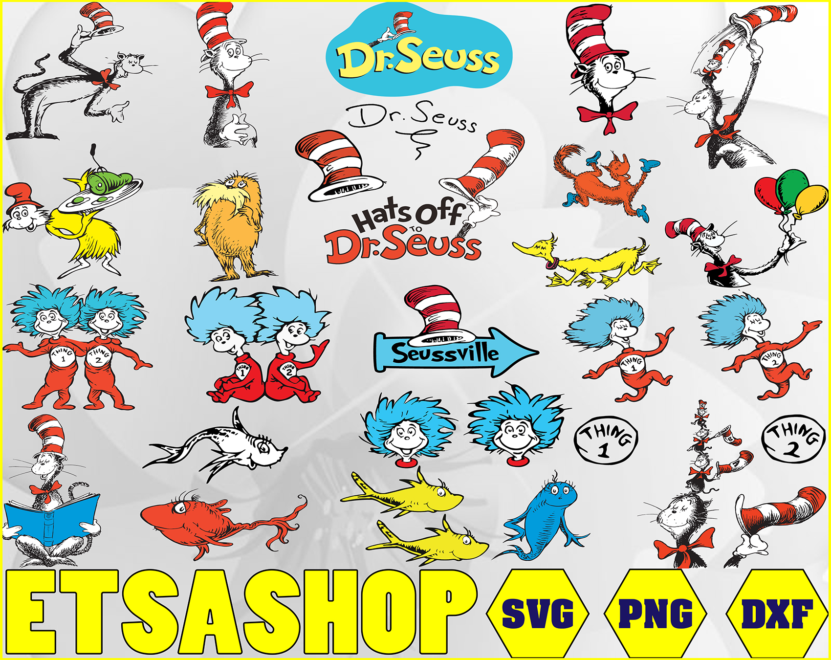 Dr Seuss SVG Bundle Cricut Files PNG DXF, Cat In The Hat svg, Dr Seuss